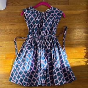 Lands end kids Girls Navy and Pink Geometric lattice preppy belted Dress 6